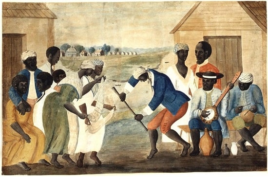 18th century painting of African Americans dancing to banjo and percussion